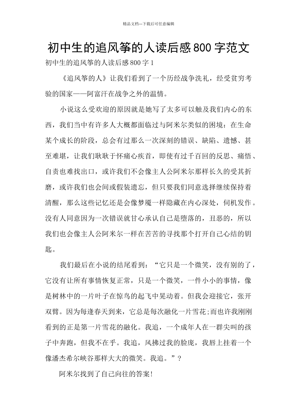 初中生的追风筝的人读后感800字范文_第1页