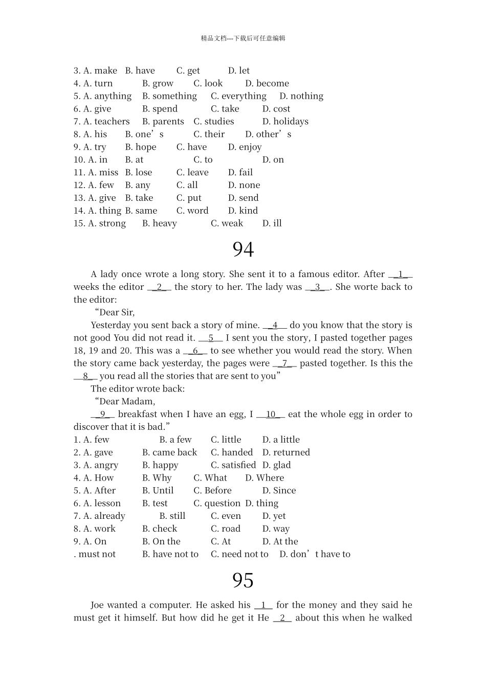 初中英语阅读完形填空100篇附答案详解_第3页
