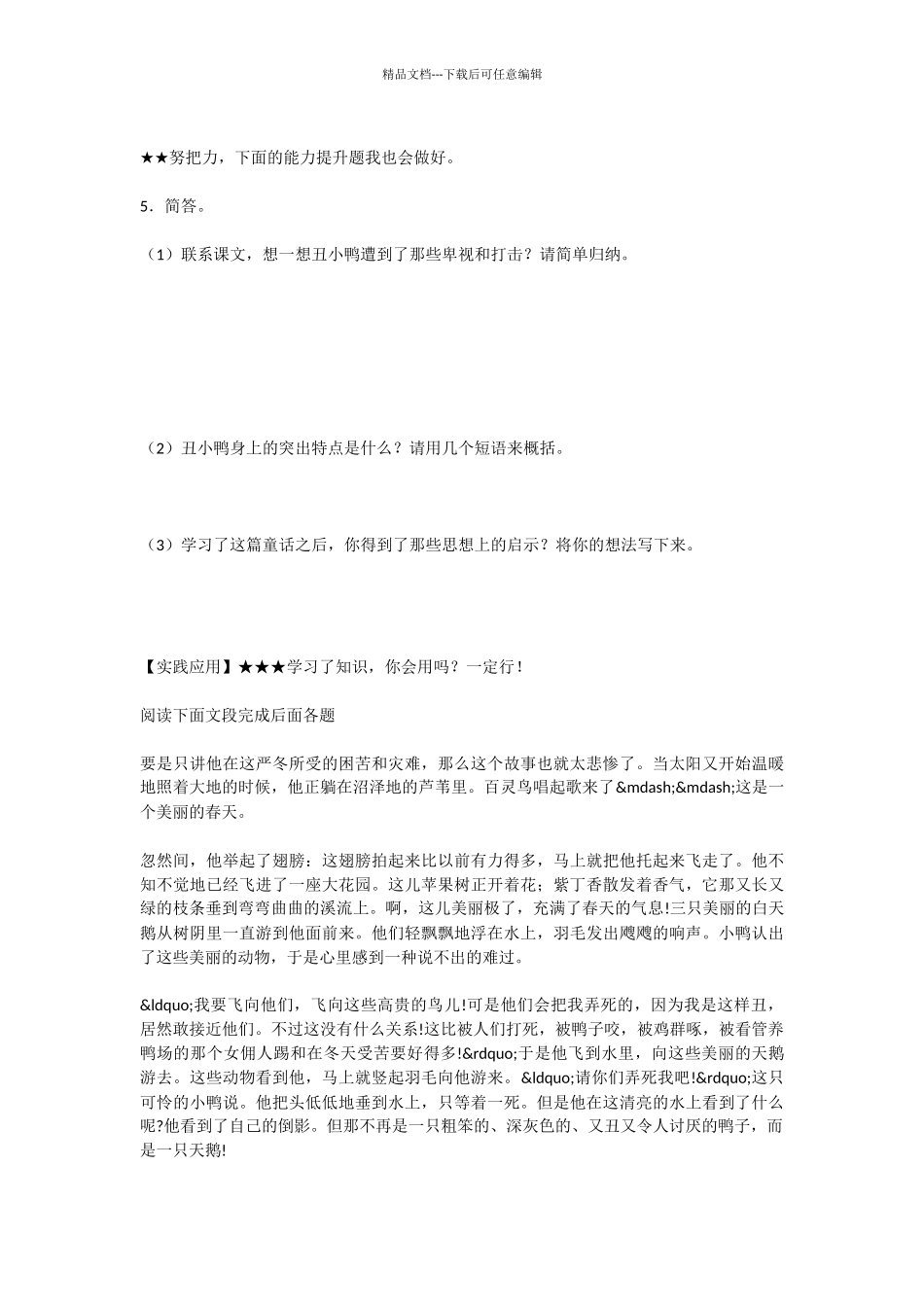 初中语文丑小鸭同步练习题_第2页