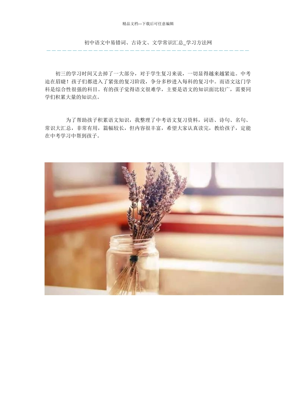 初中语文中易错词、古诗文、文学常识汇总_第1页