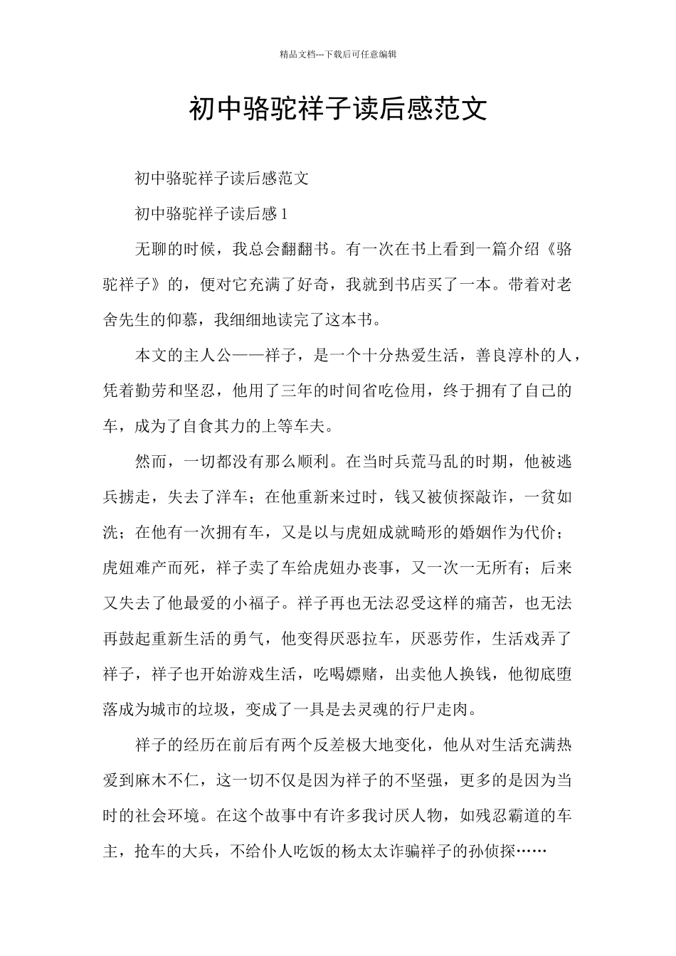 初中骆驼祥子读后感范文_第1页