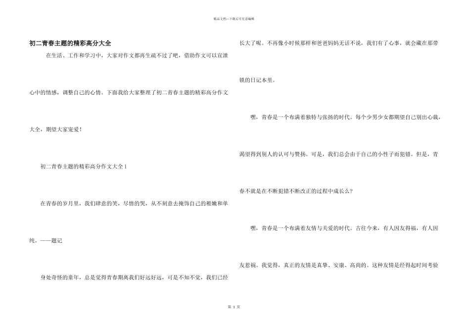 初二青春主题的精彩高分大全_第1页