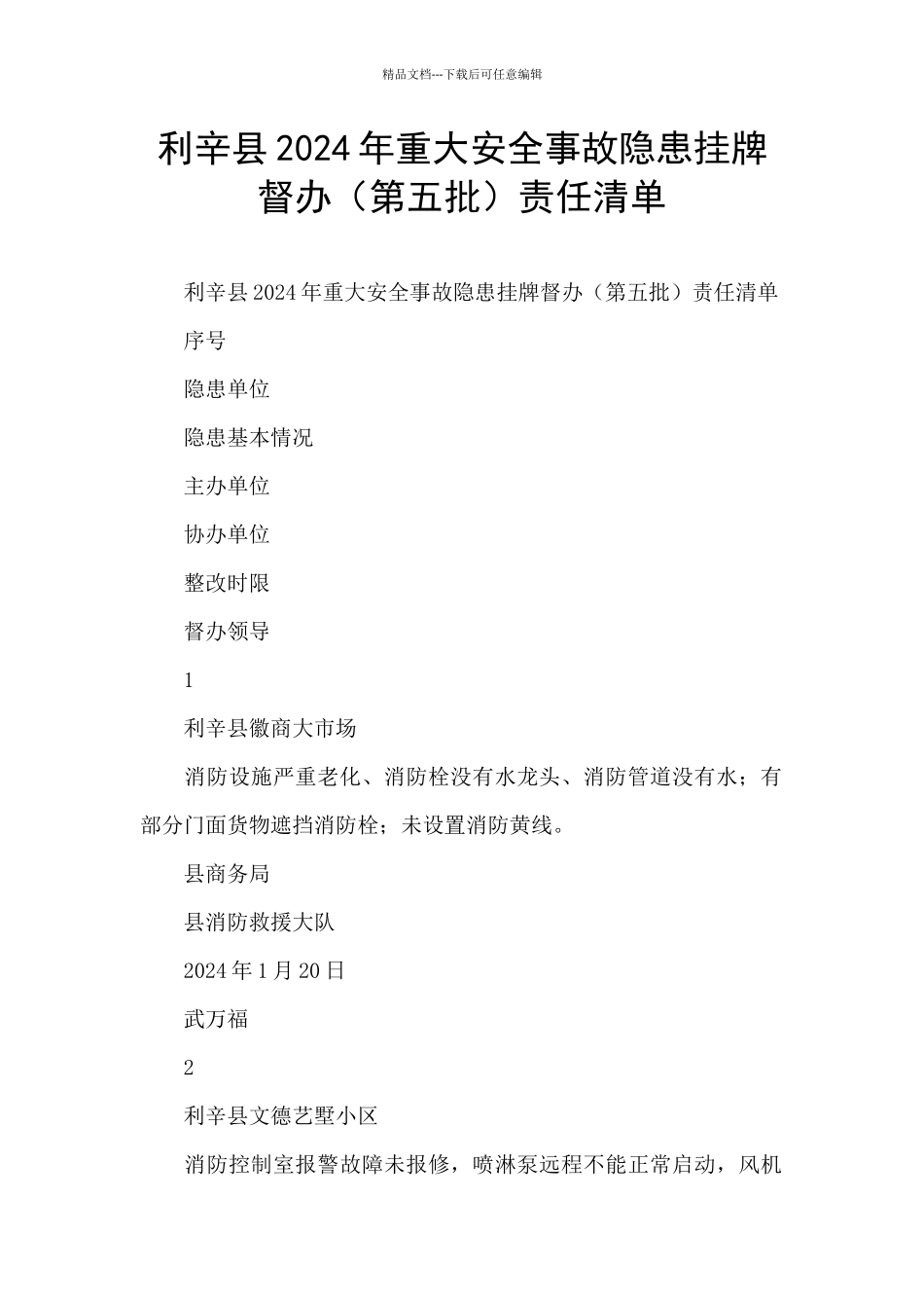 利辛县2024年重大安全事故隐患挂牌督办责任清单_第1页