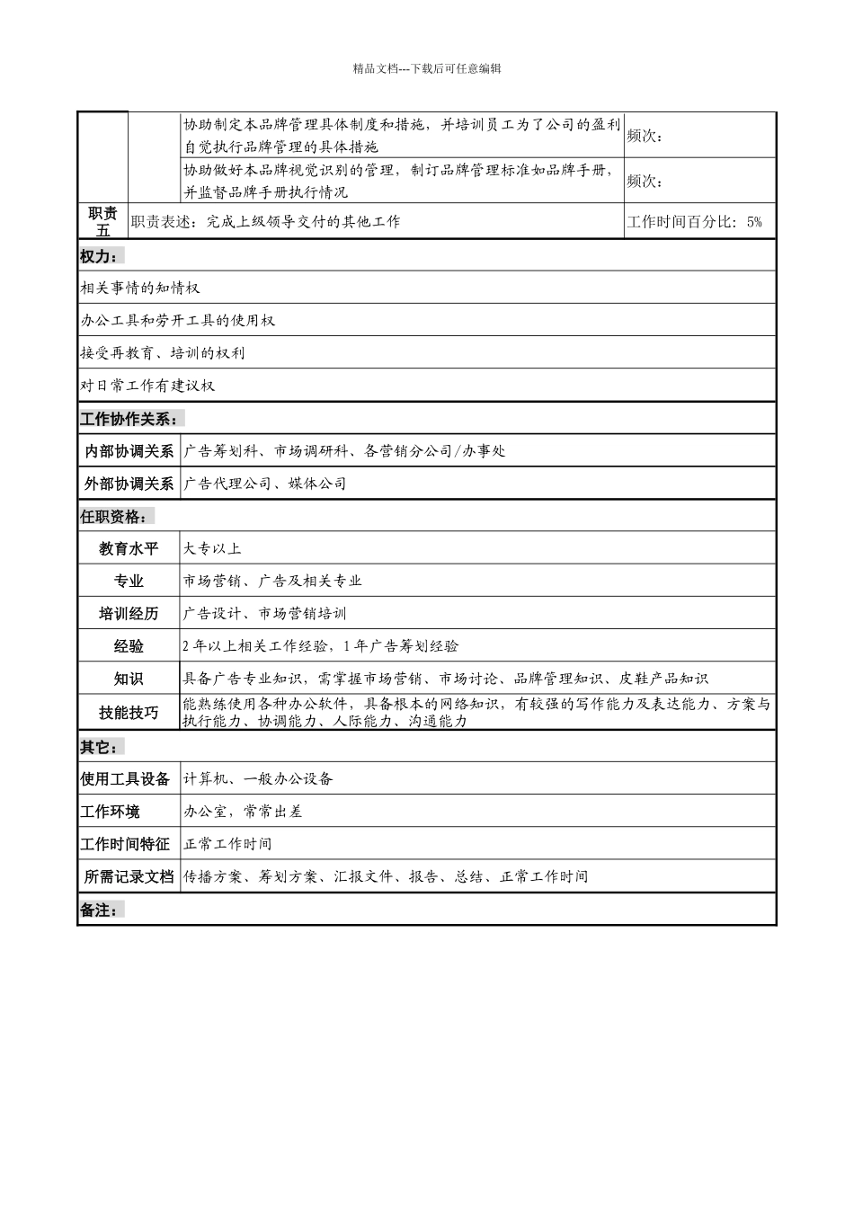 制鞋企业营销总公司广告促销岗位说明书_第2页