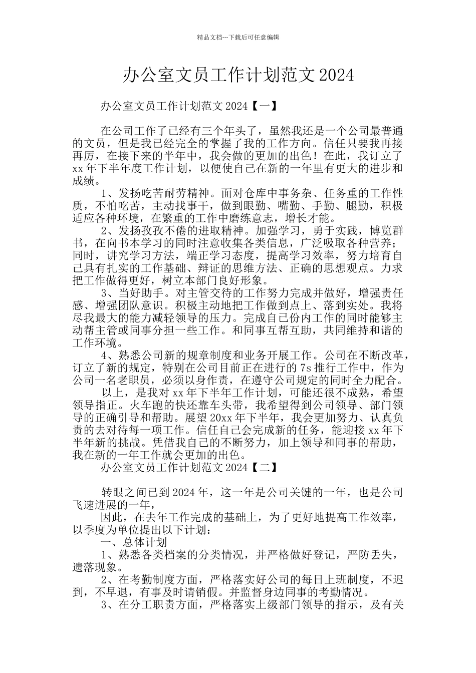 办公室文员工作计划范文2024_第1页