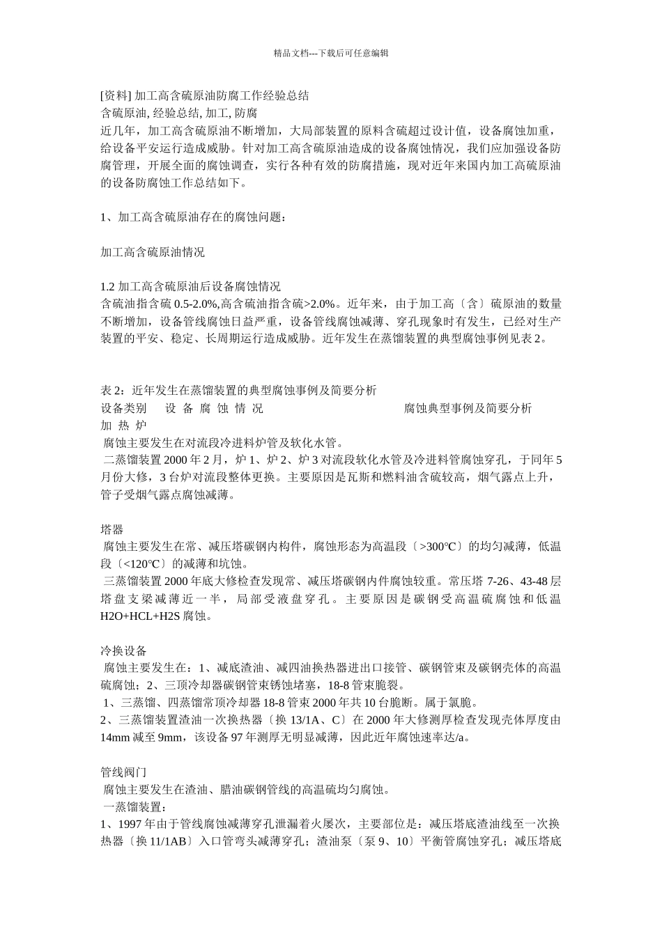 加工高含硫原油防腐工作经验总结_第1页
