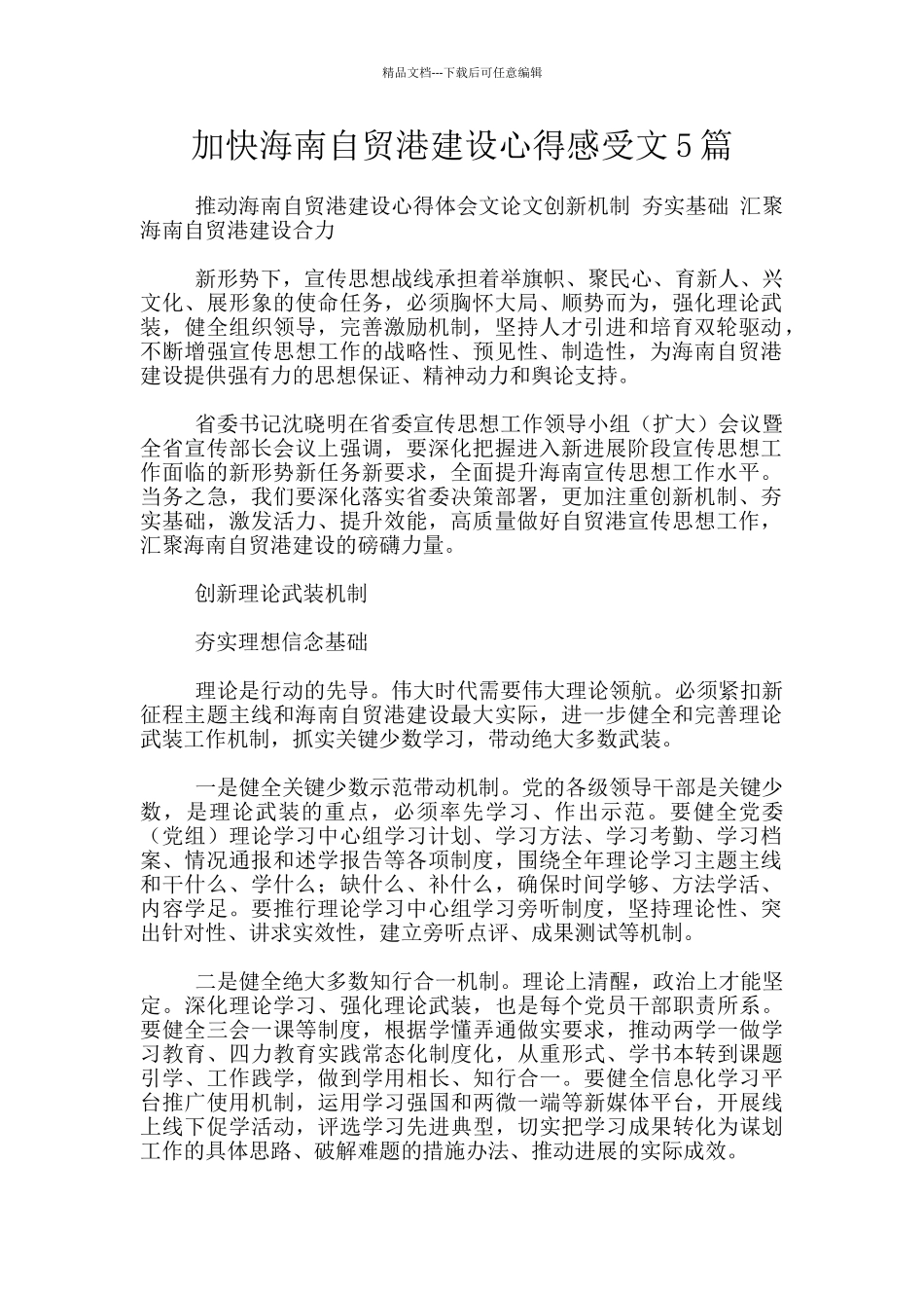 加快海南自贸港建设心得感受文5篇_第1页