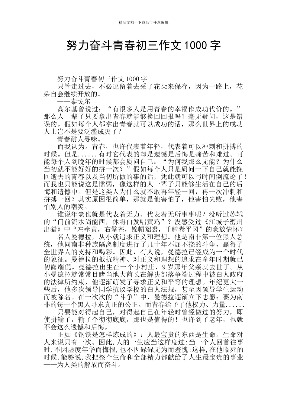 努力奋斗青春初三作文1000字_第1页
