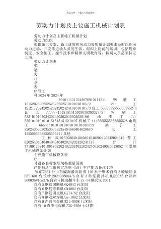 劳动力计划及主要施工机械计划表