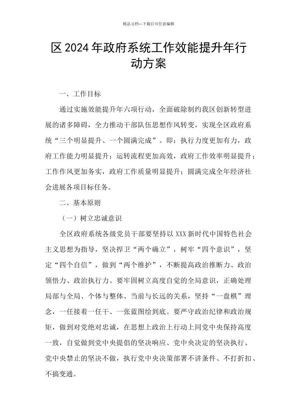 区2024年政府系统工作效能提升年行动方案_第1页