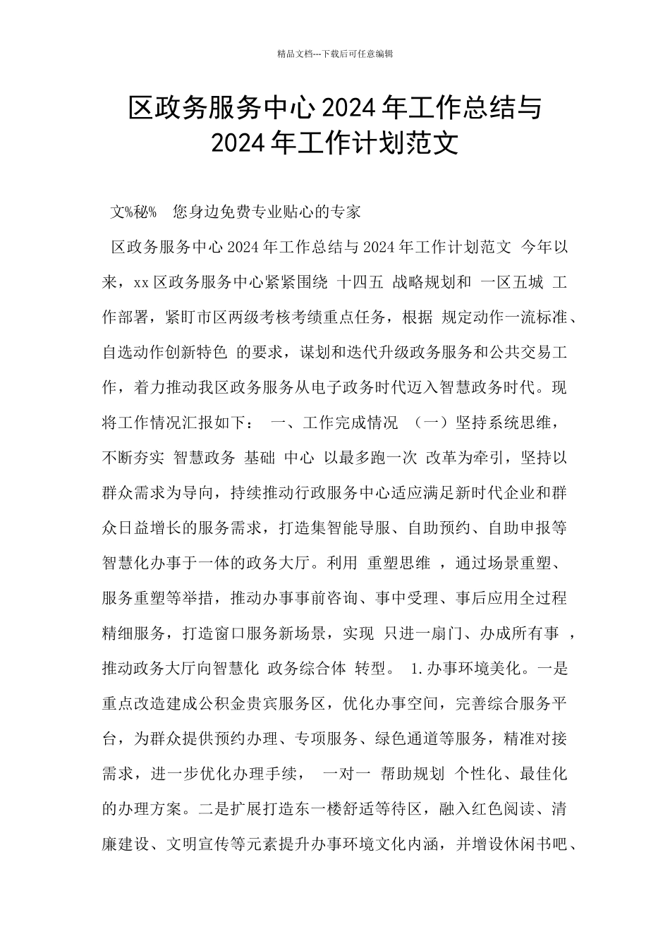 区政务服务中心2024年工作总结与2024年工作计划范文_第1页