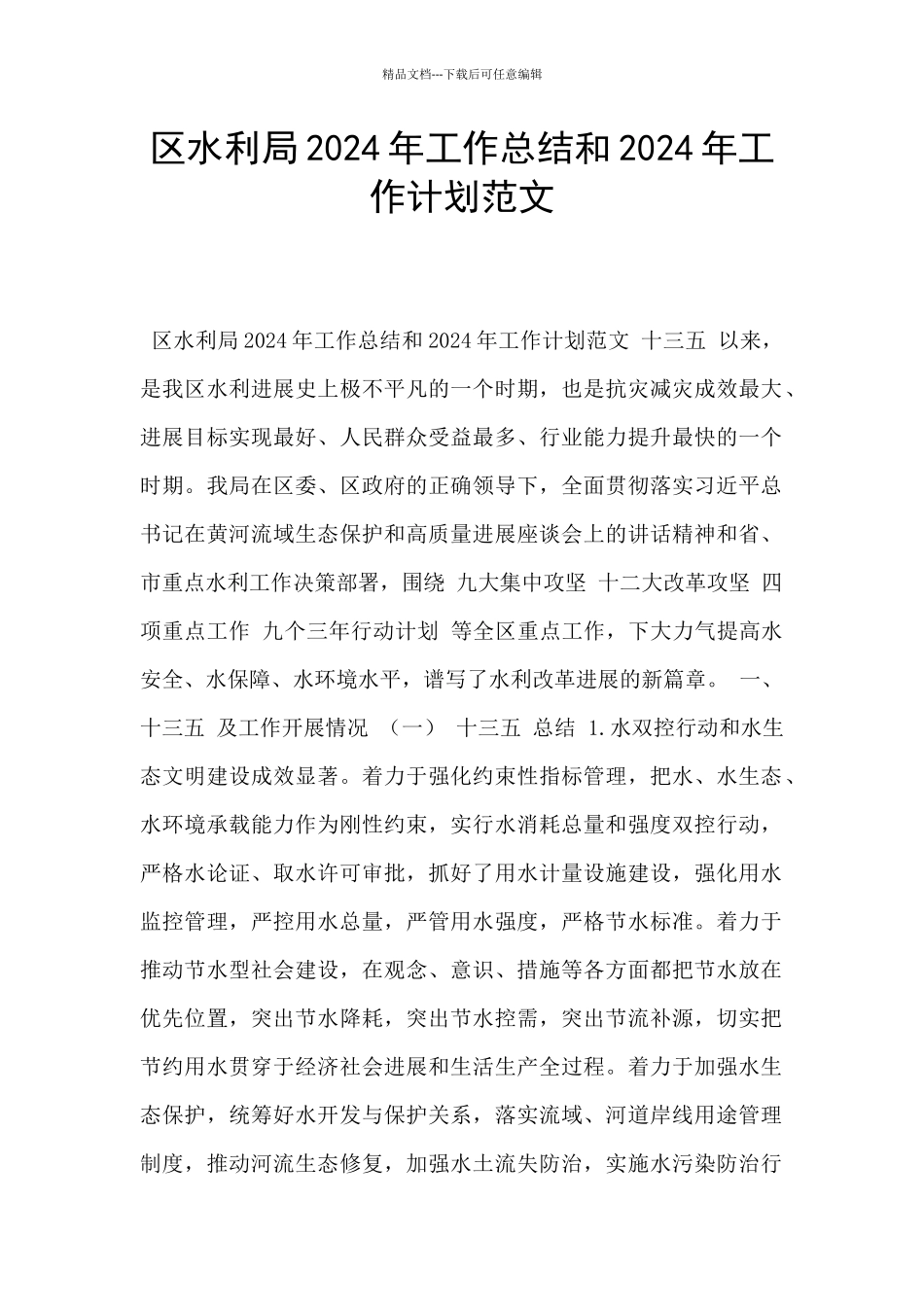 区水利局2024年工作总结和2024年工作计划范文_第1页
