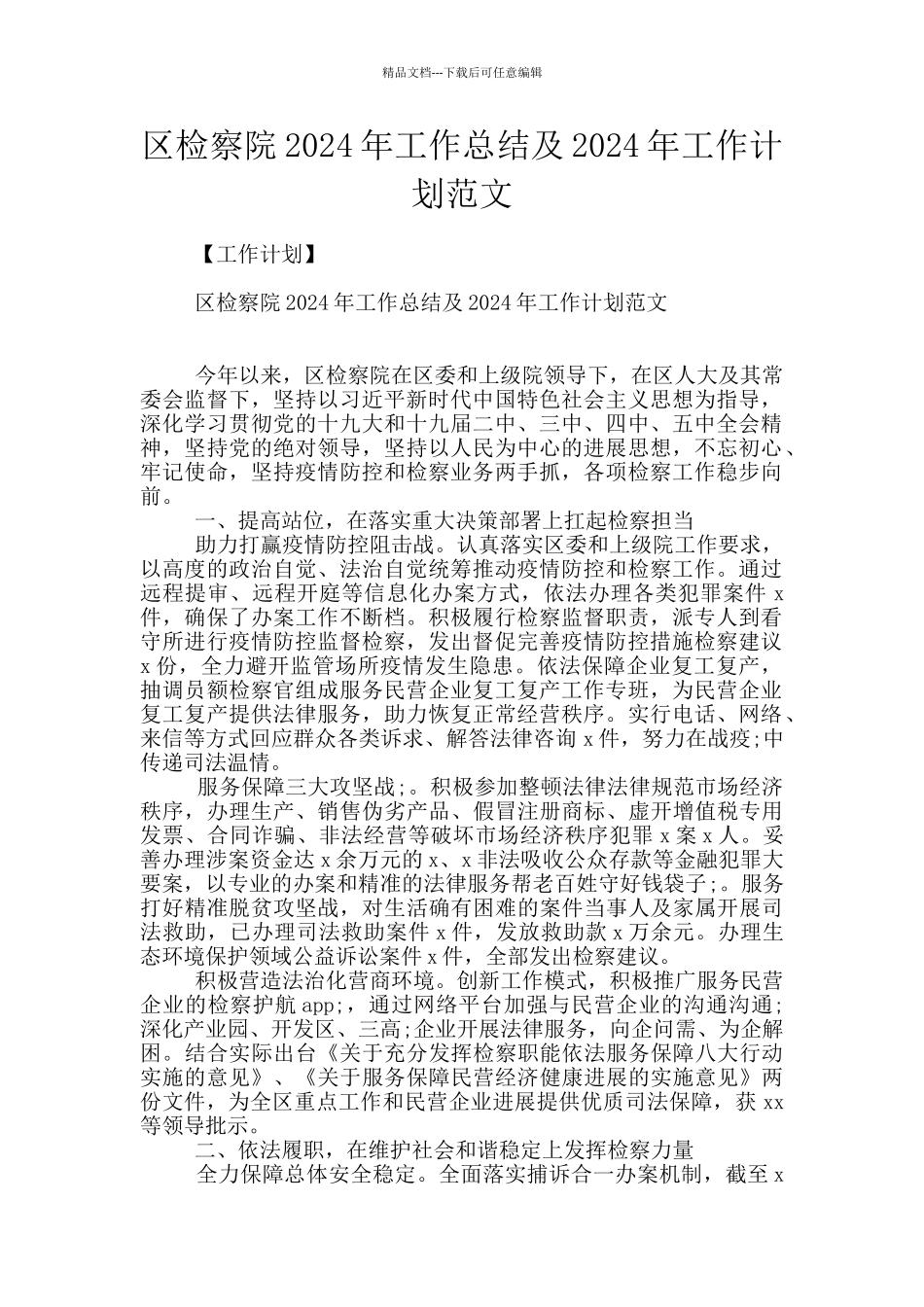 区检察院2024年工作总结及2024年工作计划范文_第1页