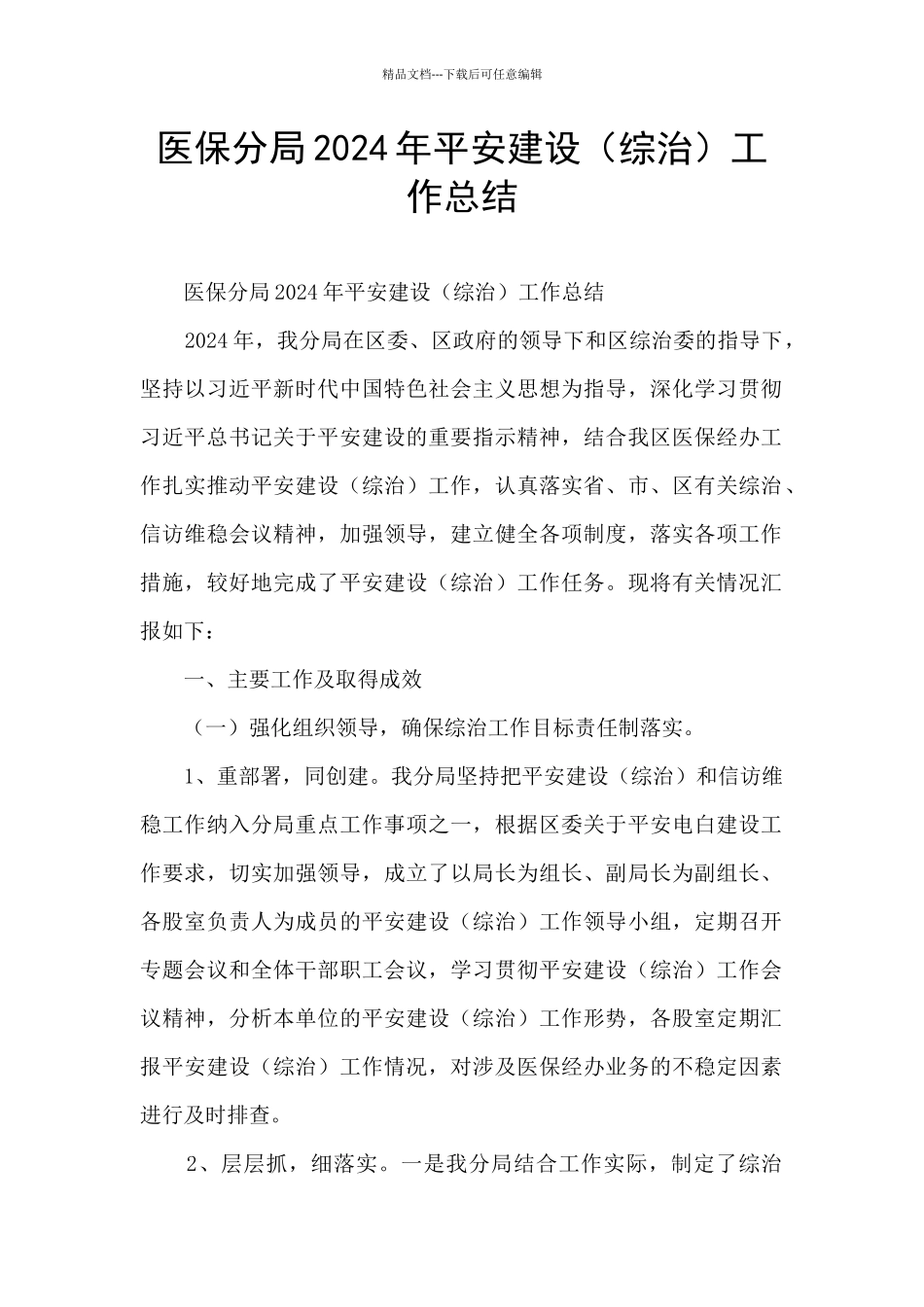 医保分局2024年平安建设工作总结_第1页