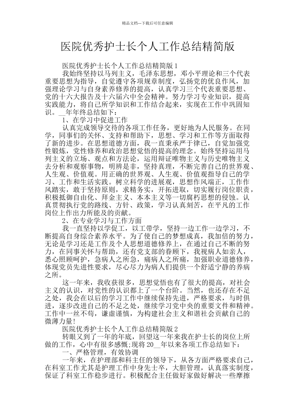 医院优秀护士长个人工作总结精简版_第1页