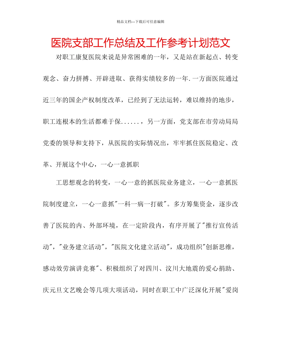 医院支部工作总结及工作参考计划范文_第1页