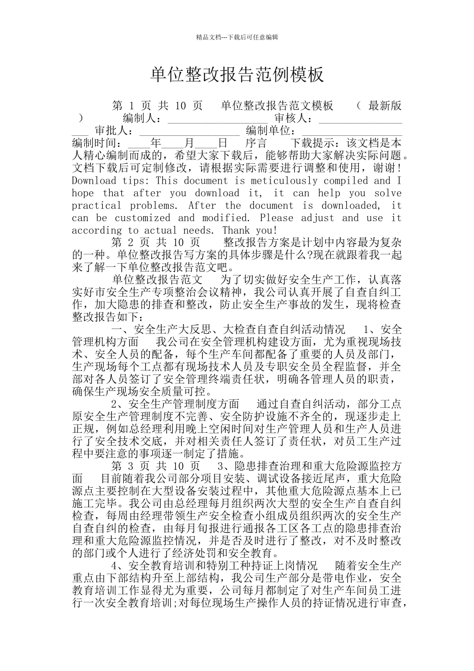 单位整改报告范例模板_第1页