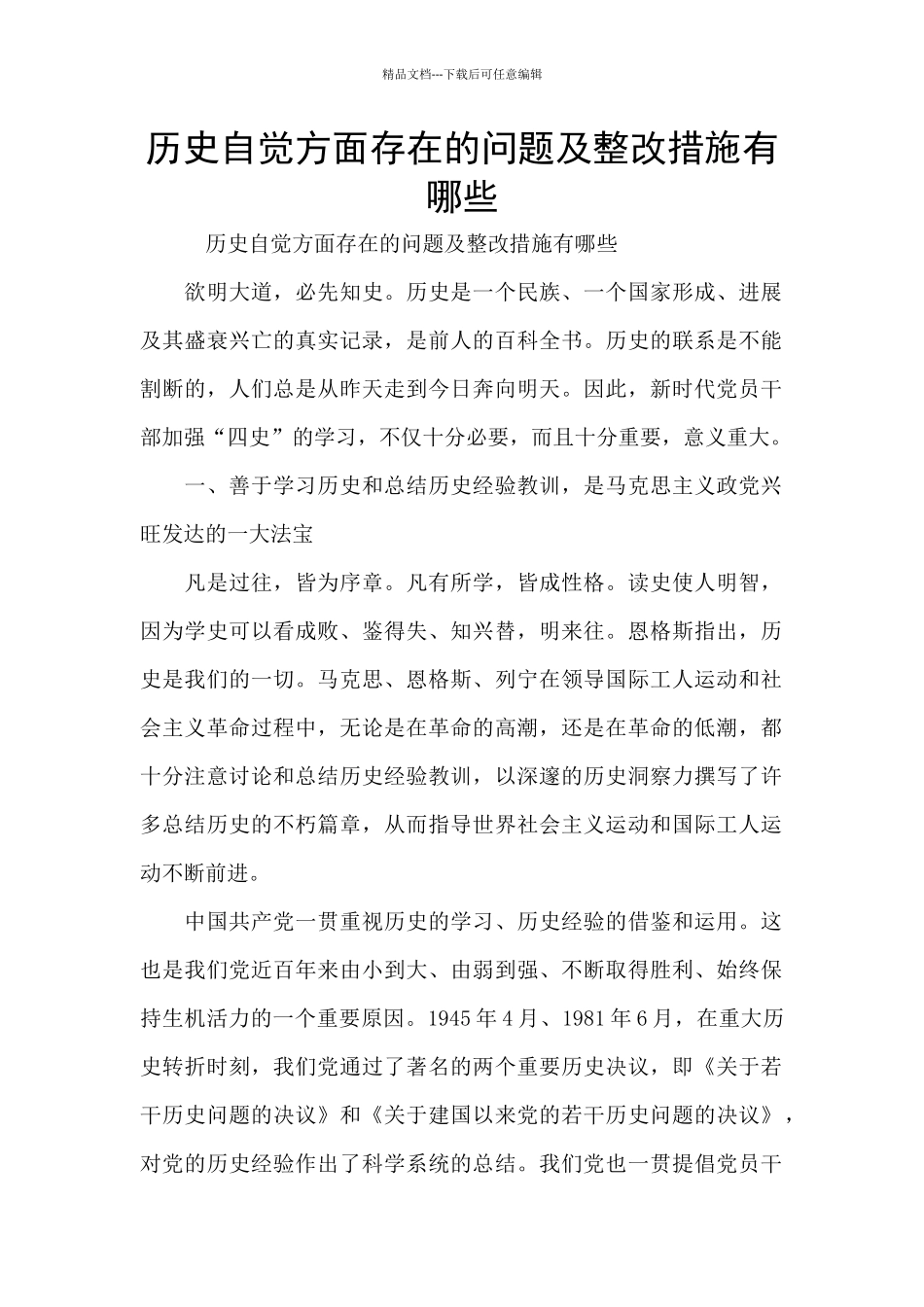 历史自觉方面存在的问题及整改措施有哪些_第1页