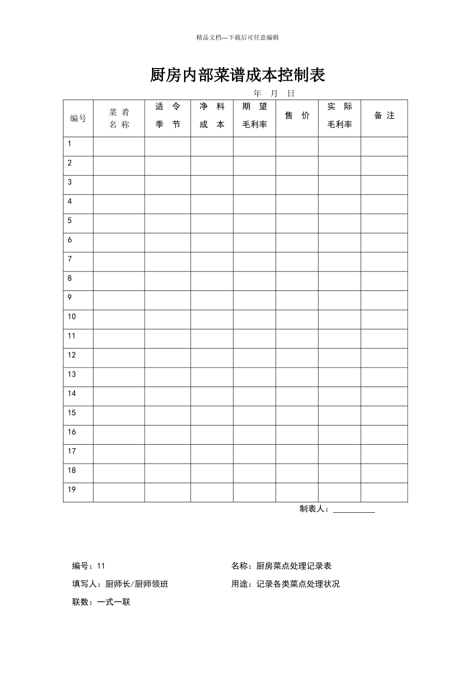 厨房内部菜谱成本控制表_第1页