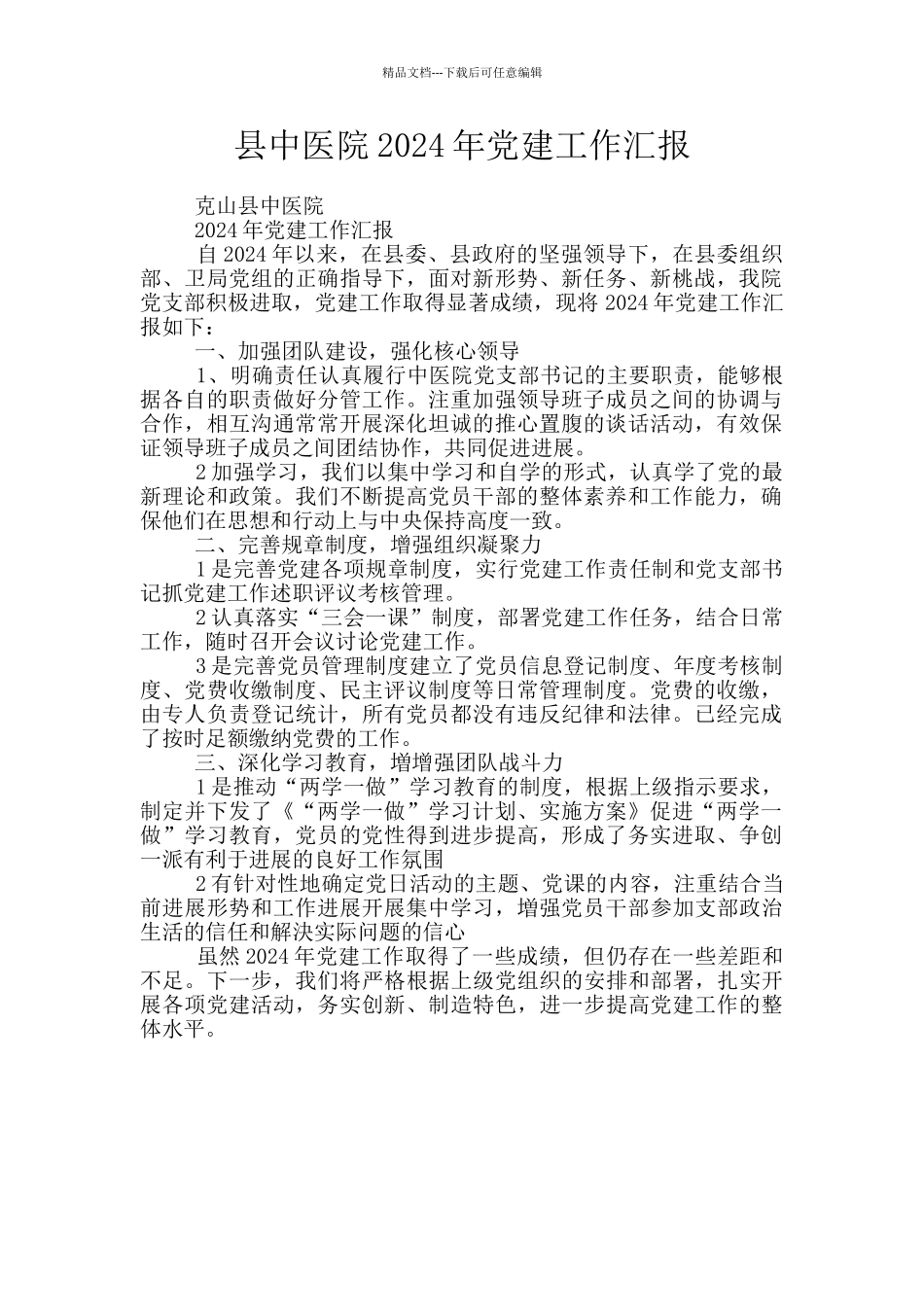 县中医院2024年党建工作汇报_第1页