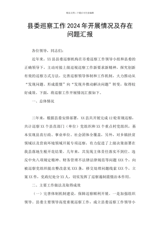 县委巡察工作2024年开展情况及存在问题汇报
