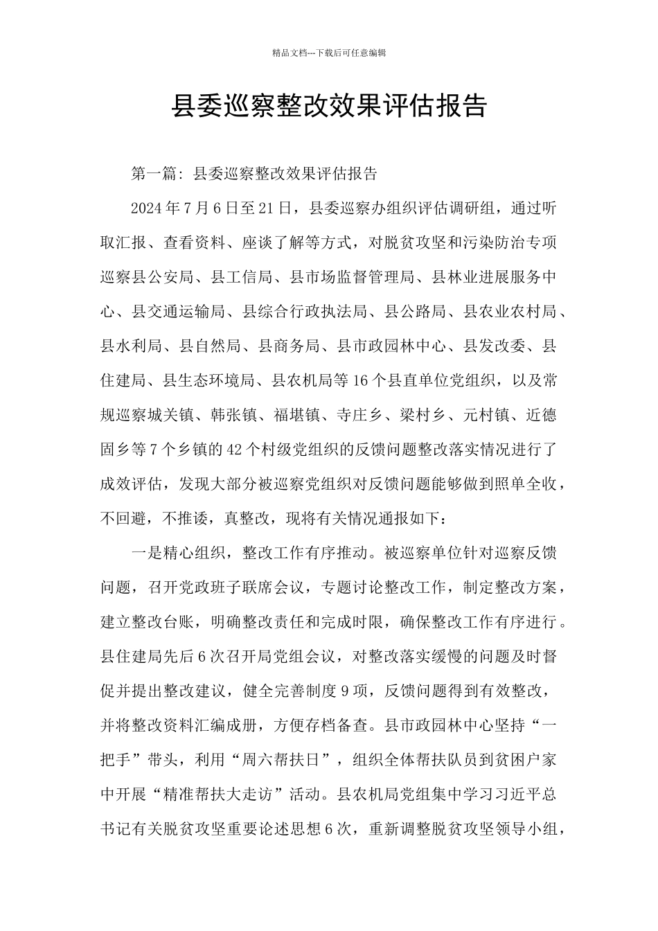 县委巡察整改效果评估报告_第1页