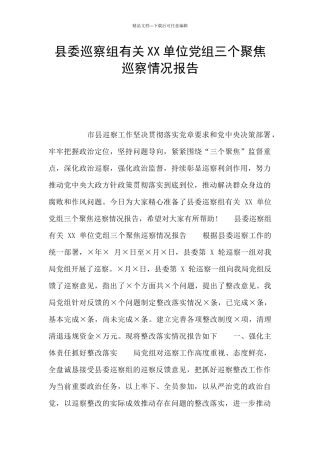 县委巡察组有关XX单位党组三个聚焦巡察情况报告