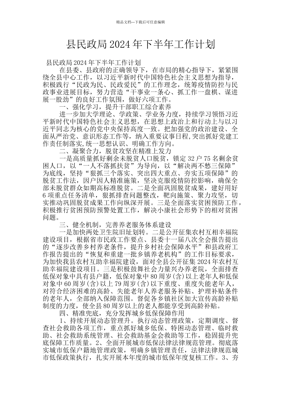 县民政局2024年下半年工作计划_第1页