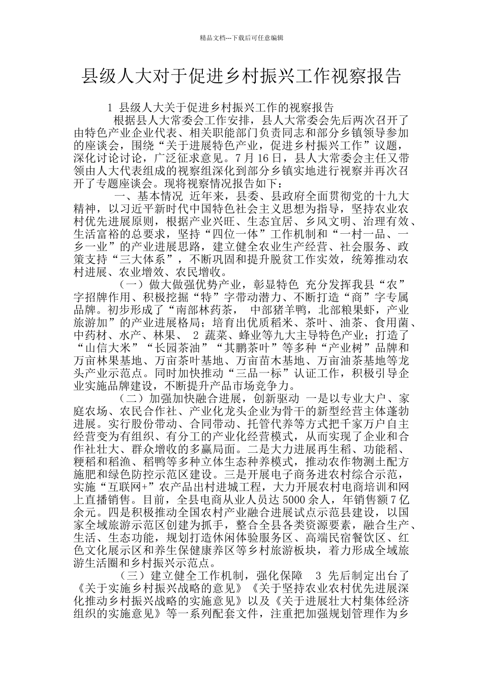 县级人大对于促进乡村振兴工作视察报告_第1页