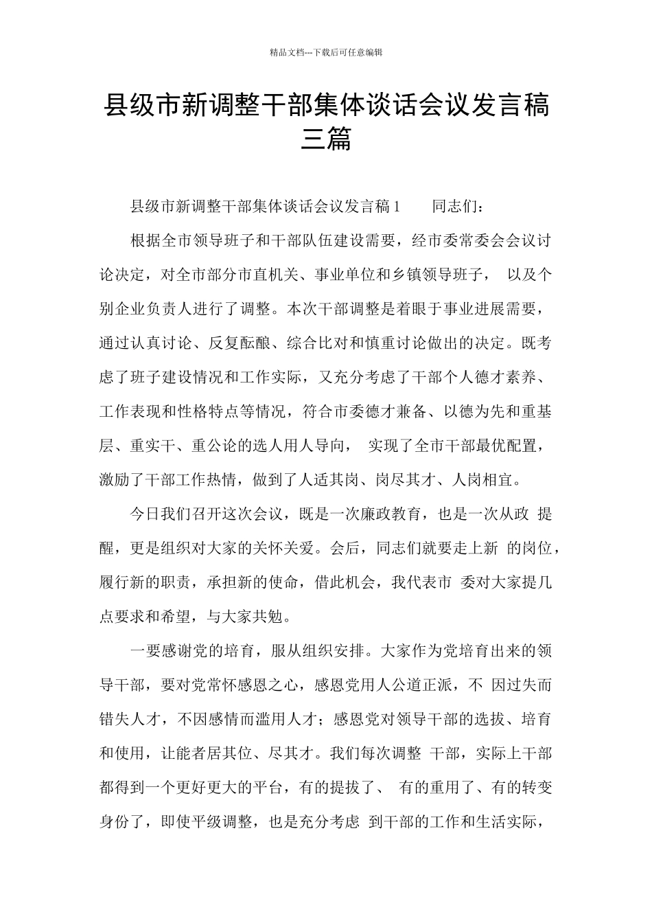 县级市新调整干部集体谈话会议发言稿三篇_第1页