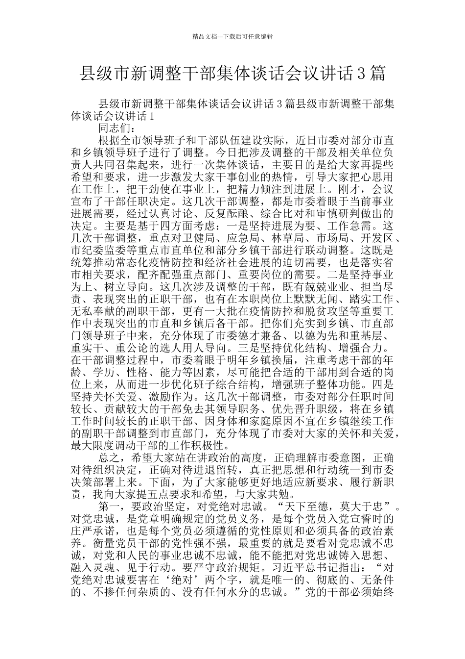 县级市新调整干部集体谈话会议讲话3篇_第1页