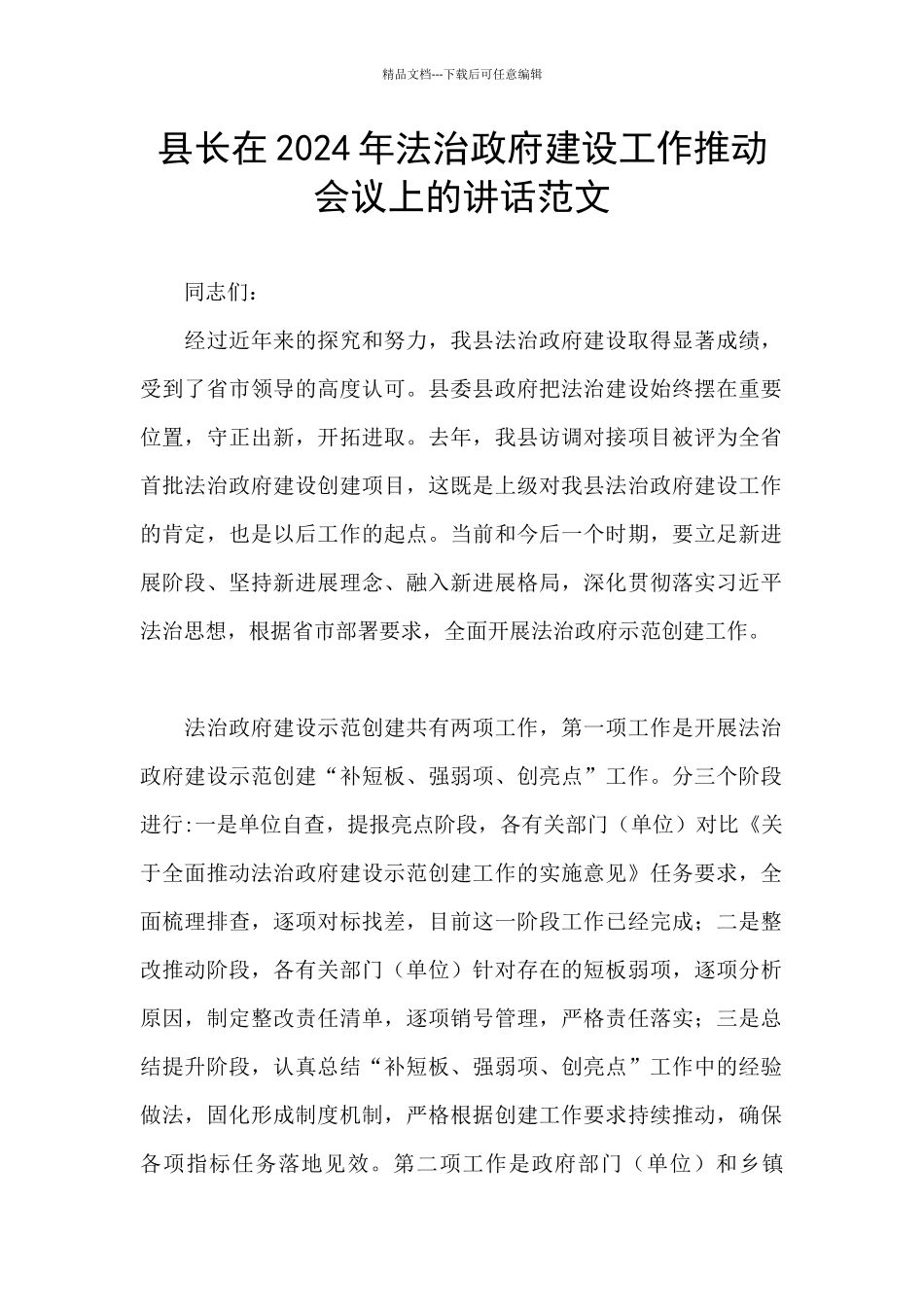 县长在2024年法治政府建设工作推进会议上的讲话范文_第1页