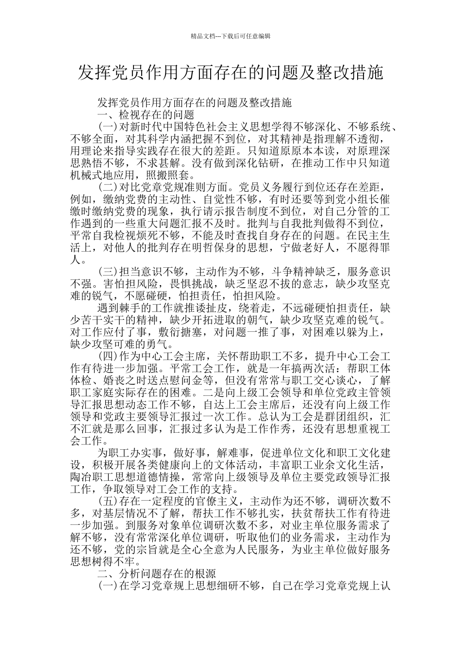 发挥党员作用方面存在的问题及整改措施_第1页