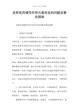 发挥党员模范作用方面存在的问题及整改措施