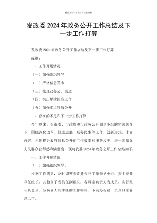 发改委2024年政务公开工作总结及下一步工作打算
