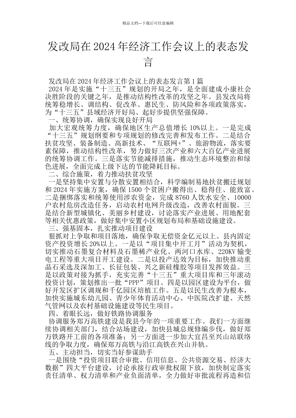 发改局在2024年经济工作会议上的表态发言_第1页