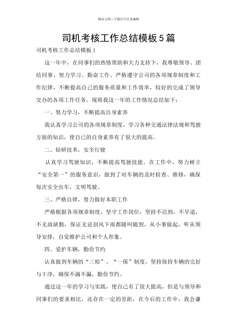 司机考核工作总结模板5篇_第1页