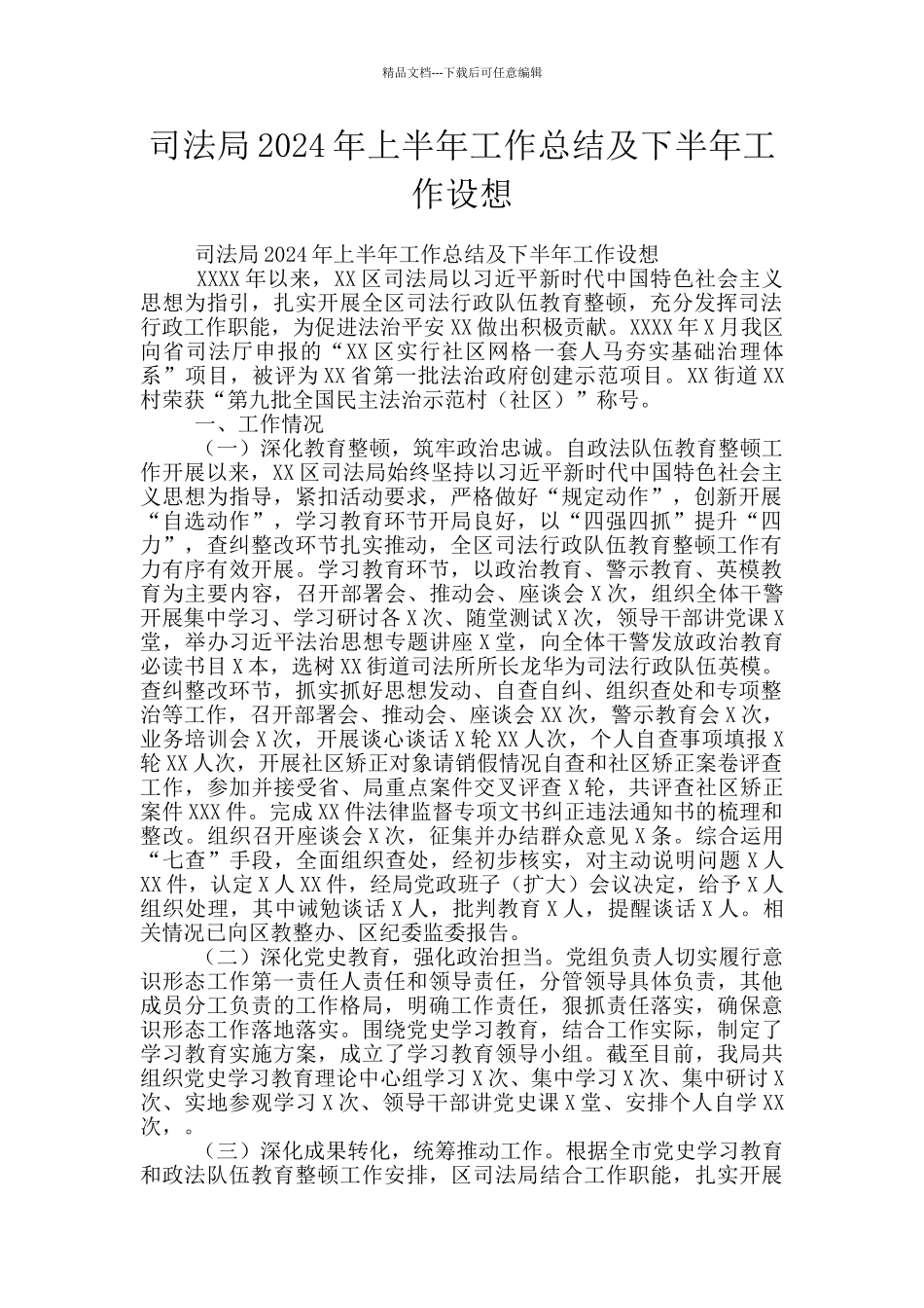 司法局2024年上半年工作总结及下半年工作设想_第1页
