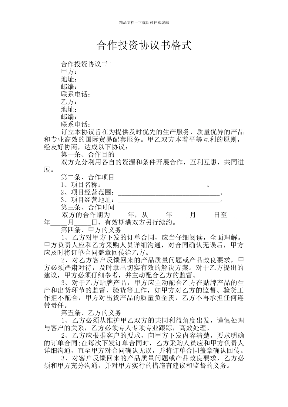 合作投资协议书格式_第1页