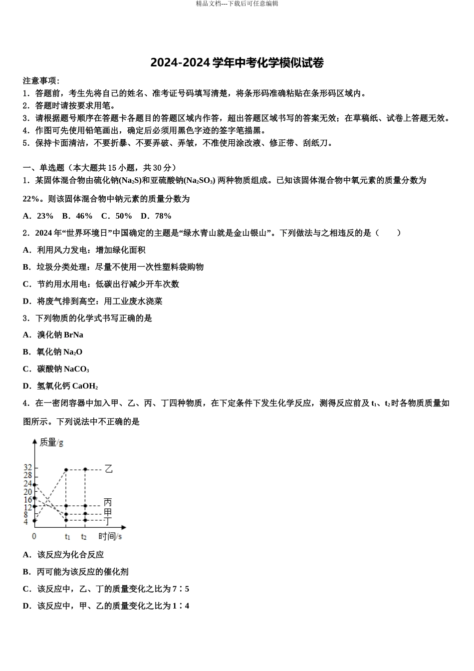 吉林省白城市大安市达标名校中考化学最后一模试卷含解析_第1页