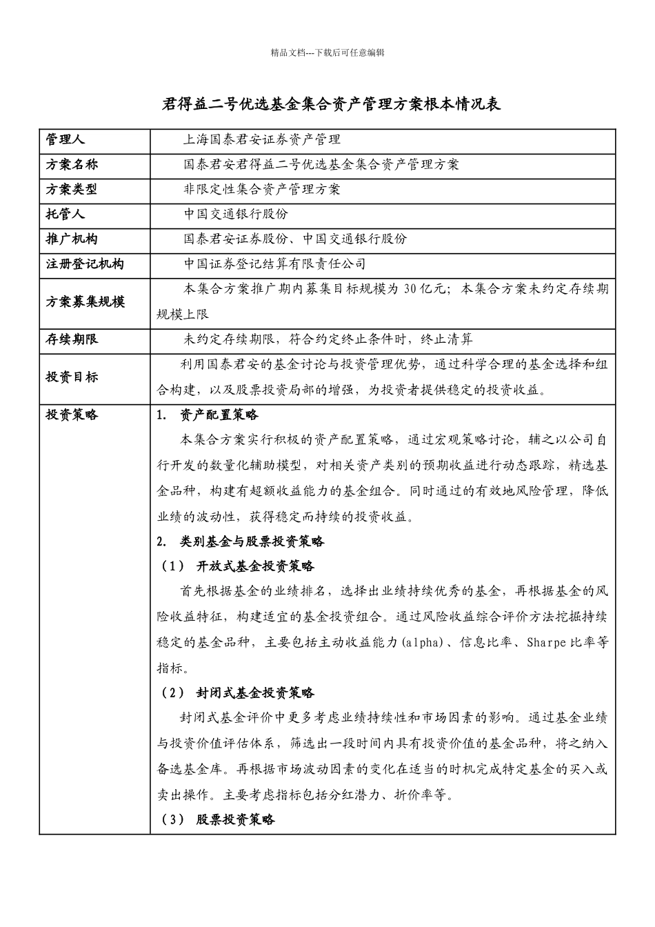 君得益二号优选基金集合资产管理计划基本情况表_第1页