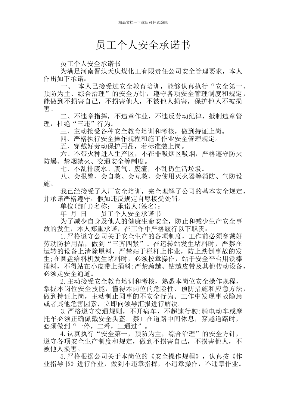员工个人安全承诺书_第1页