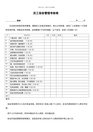 员工宿舍管理考核表