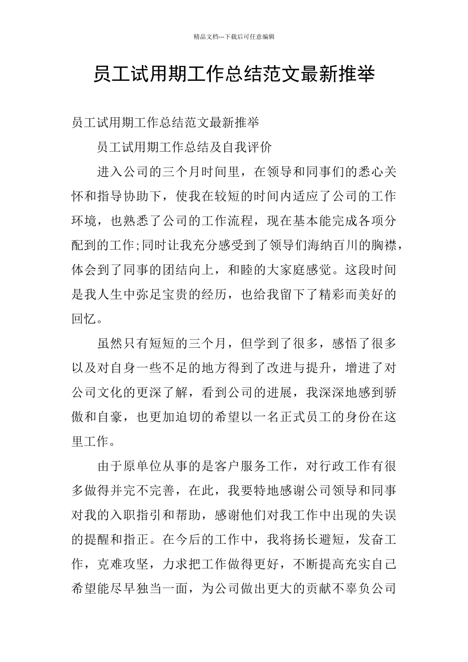 员工试用期工作总结范文最新推荐_第1页
