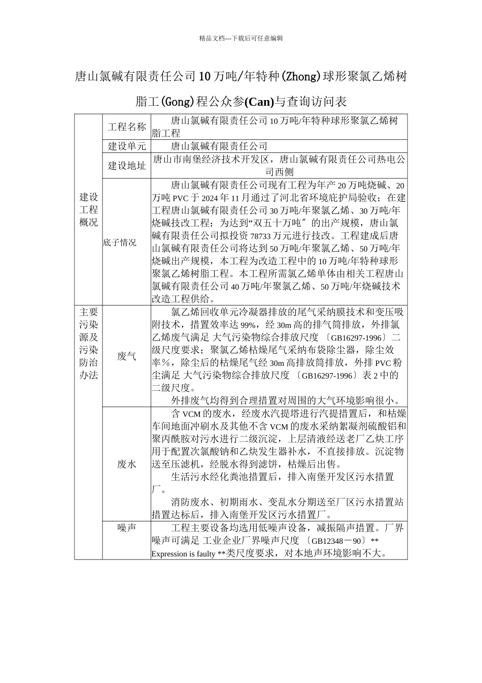 唐山氯碱有限责任公司10万吨年特种球形聚氯乙烯树脂项目公众参_第1页