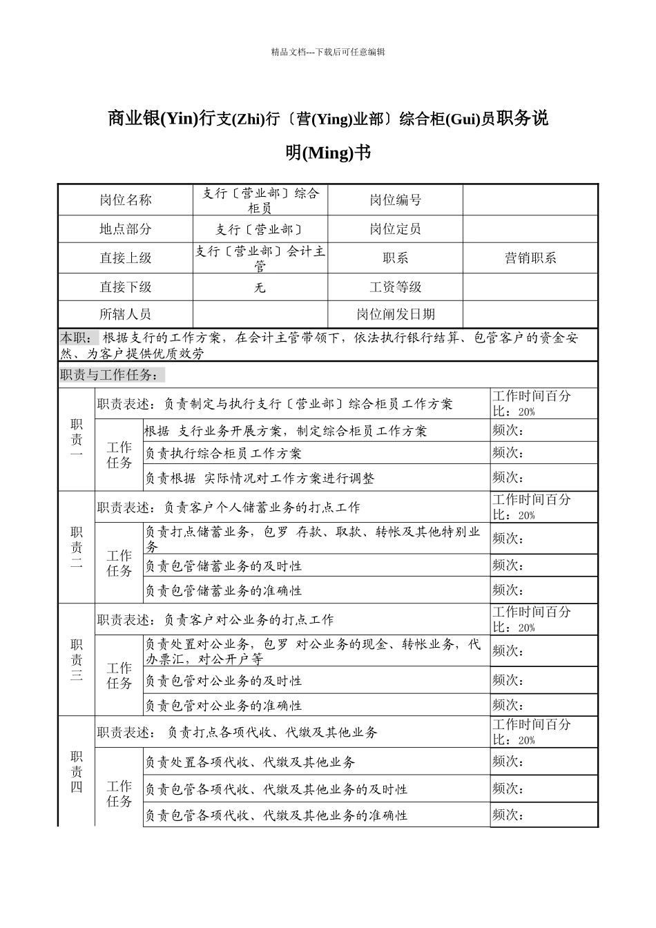 商业银行支行综合柜员职务说明书(共3页)_第1页
