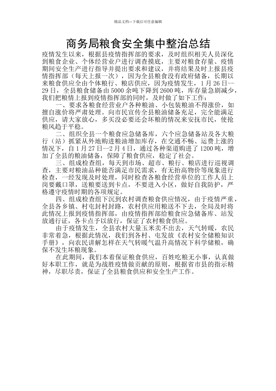 商务局粮食安全集中整治总结_第1页