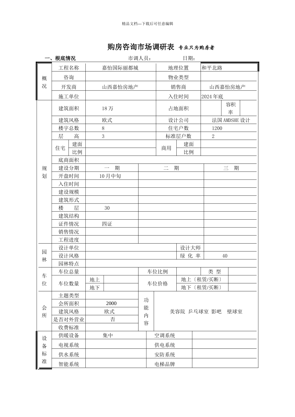 嘉怡国际丽都市场调查表_第1页