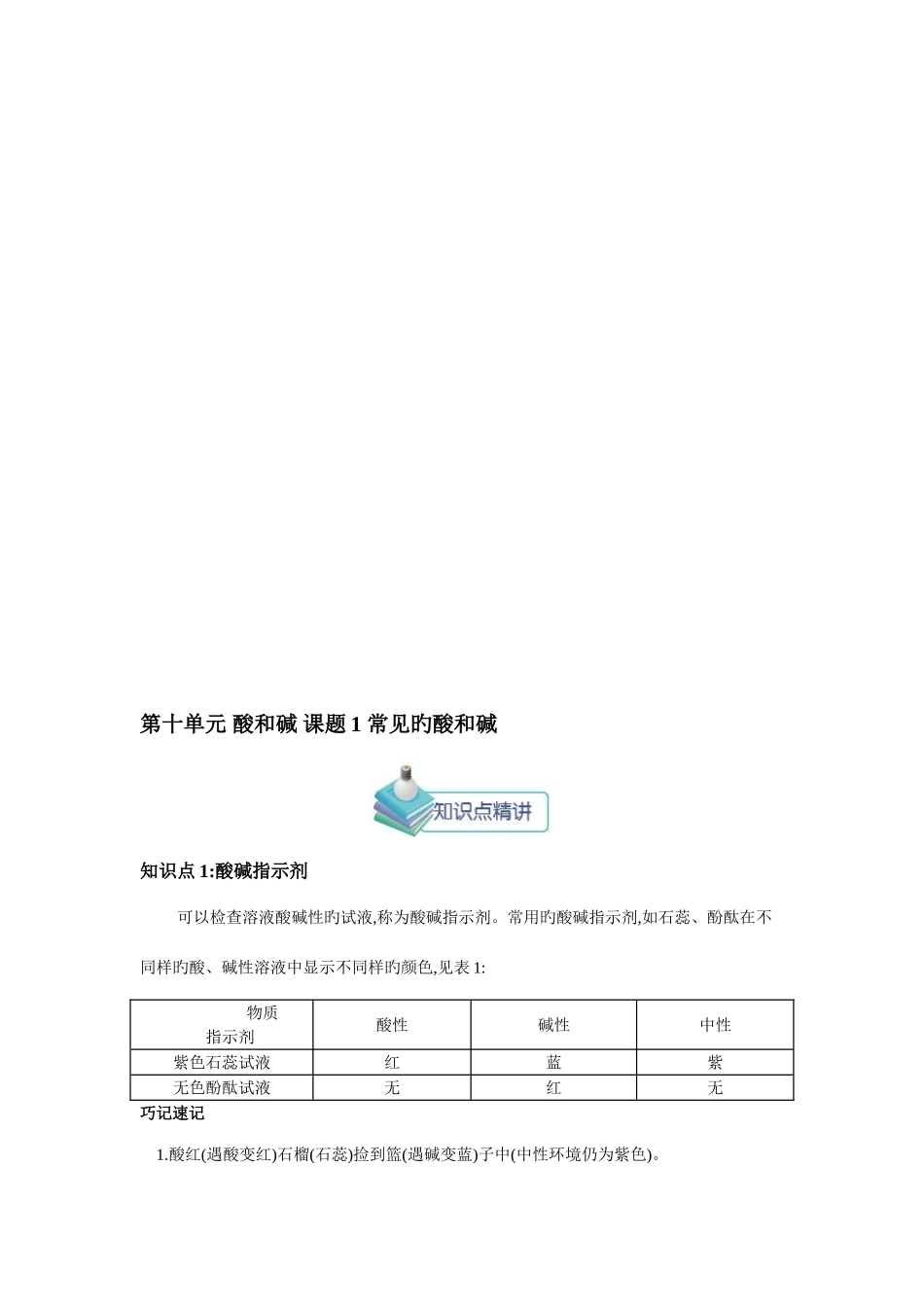 2025年新编人教版九年级化学下册第十单元酸和碱知识点_第1页