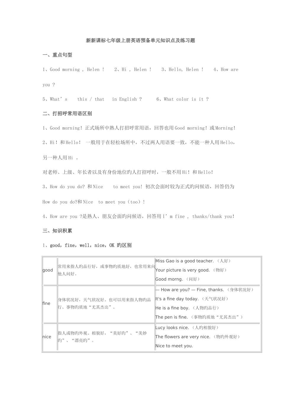 2025年新新课标七年级上册英语预备单元知识点及练习题_第1页